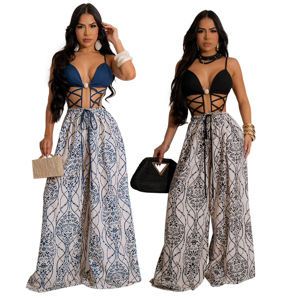Strap Lace-Up Loose Jumpsuit