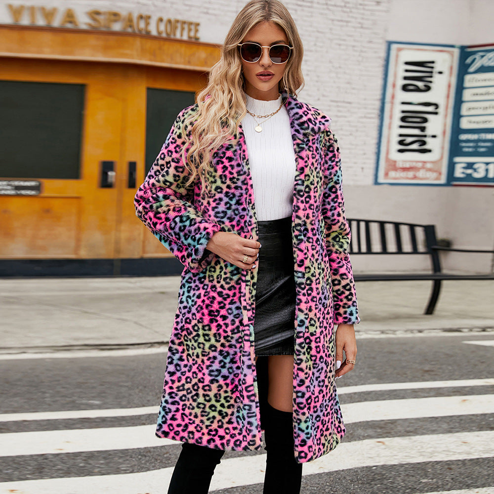 Leopard Print Imitation Fur Plush Lapel Coat