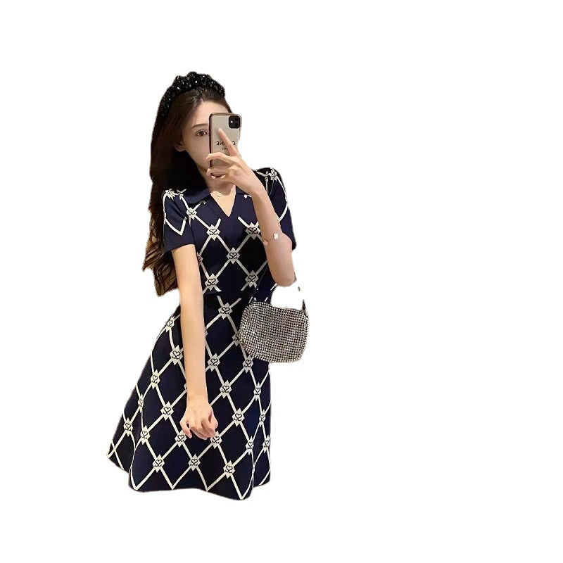 Letter Diamond Plaid Knitted Dress Women's V-neck Short Sleeve A- Line Skirt