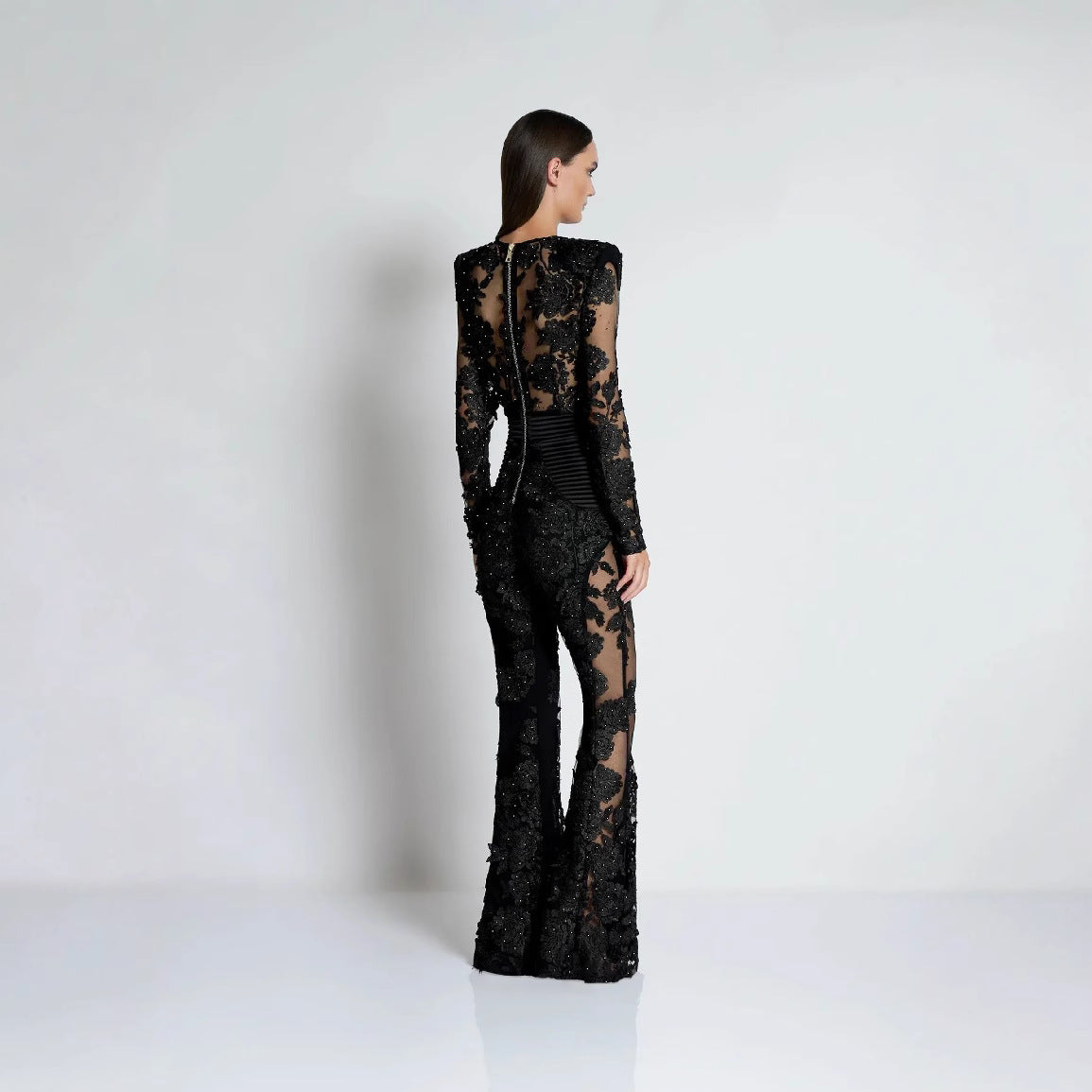 Lace Rhinestone Long-Sleeve Evening Jumpsuit