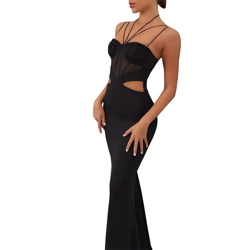 Black Mesh Waist Cutout Sling Dress For Women
