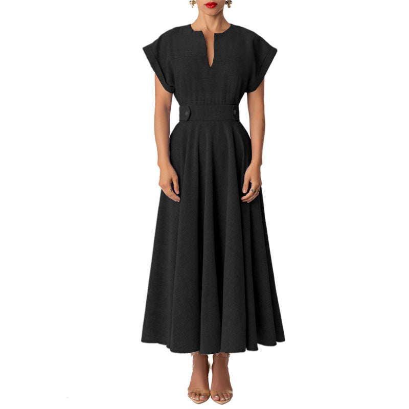 Elegance Retro-Style V-Neck Sleeve Waist-Tight Dress