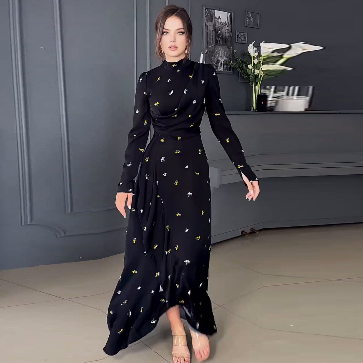 Long-Sleeve Slim-Fit Ruffled Large Swing Dress