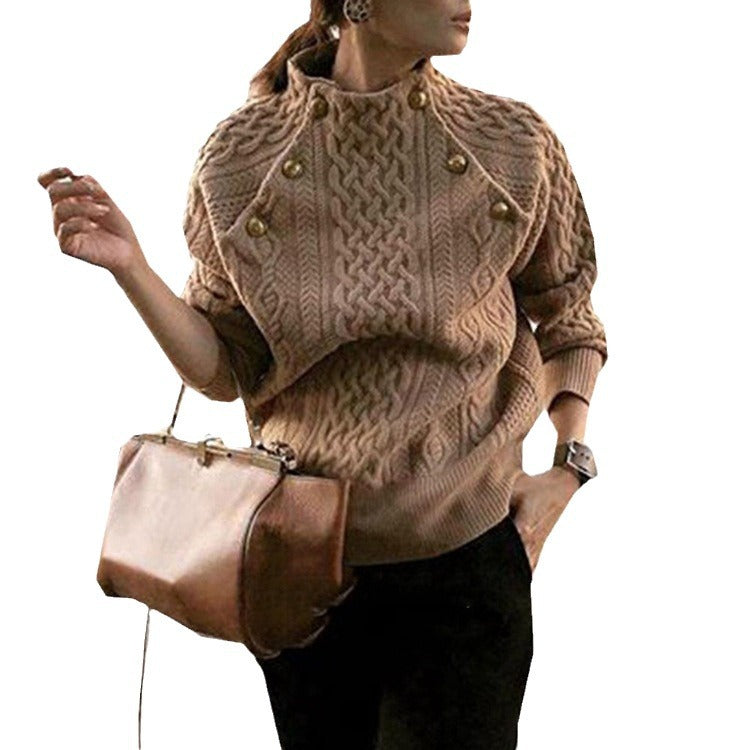 Fastener Decoration Solid-Colour Long-Sleeve Twist-Round Neck Sweater