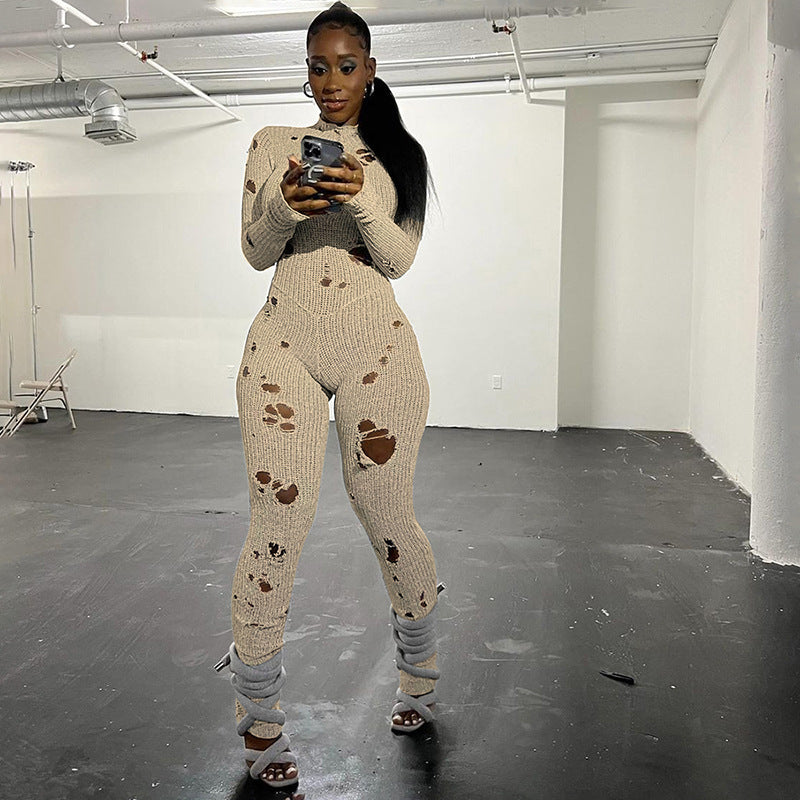 Women's Solid-Colour Casual Long Sleeves Wool Lace-Up Ripped Slim-Fit Long Conjoined Trousers