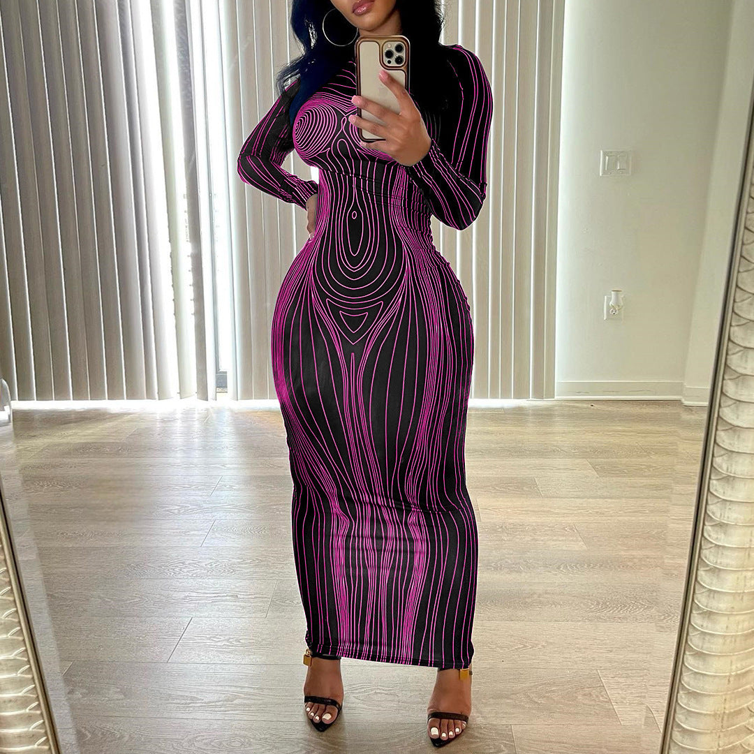Long-Sleeve Round-Neck Fashion Printed Slim-Fit Sheath Bottom Dress