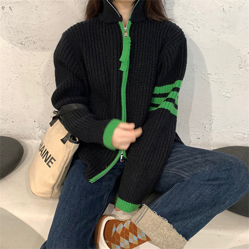 Contrast-Colour Striped Stitching Zipped Stand-Collar Sweater Coat