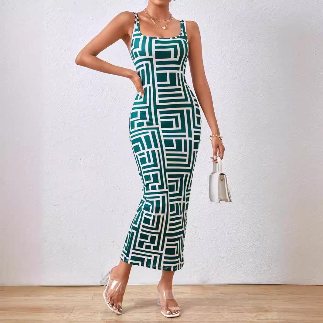 Printed Short-Sleeve Long Dress