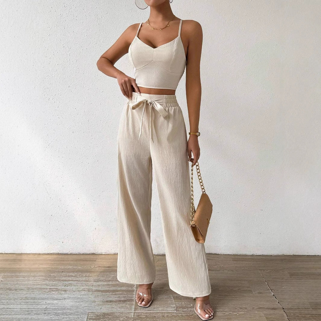 Women's Gathering Bra Cup With Top Stretchy Straight-leg Pants Holiday Casual Suit