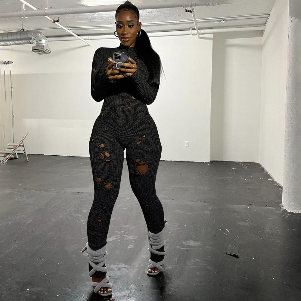 Women's Solid-Colour Casual Long Sleeves Wool Lace-Up Ripped Slim-Fit Long Conjoined Trousers