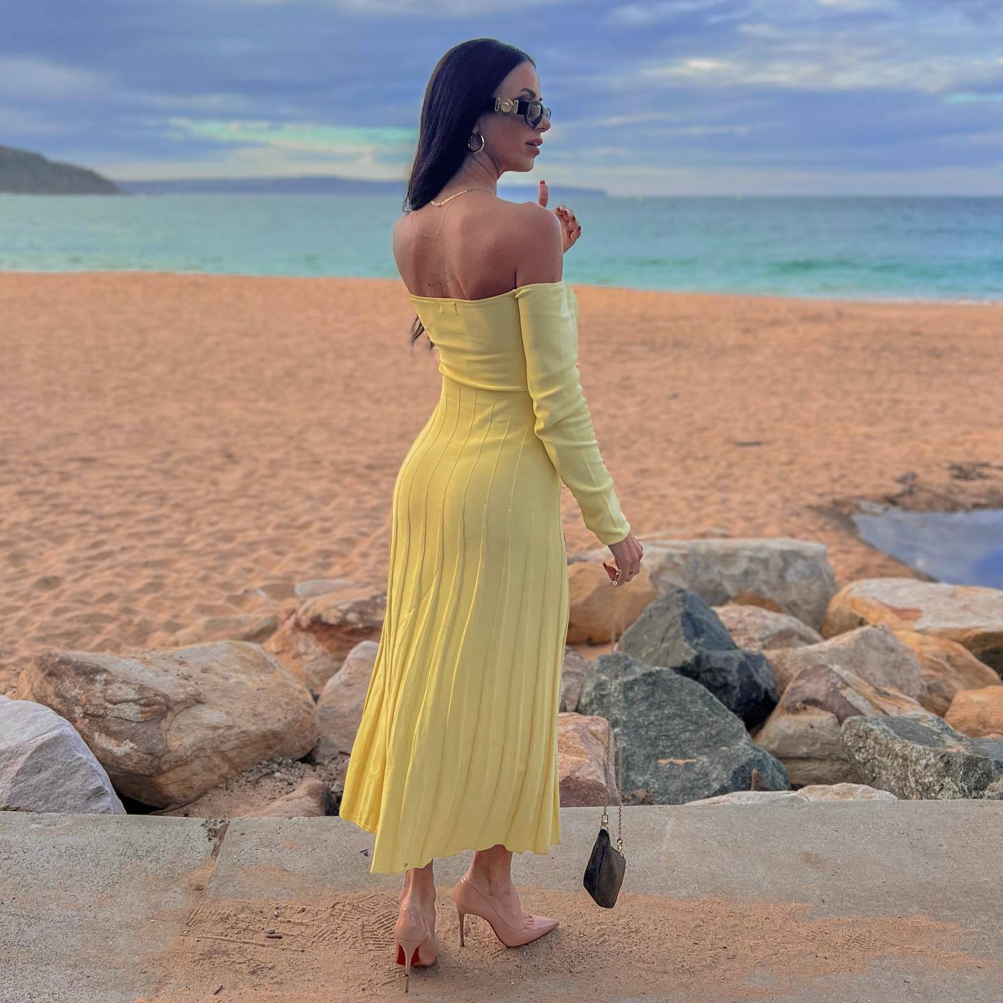 Off-Shoulder Collar Sunken Stripe Knitted Dress