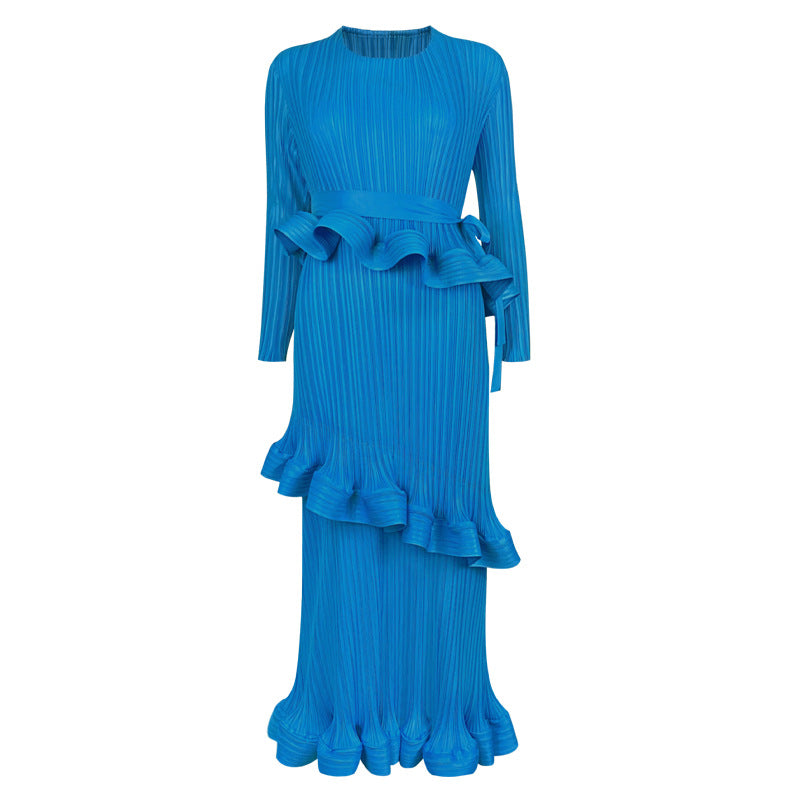 Ruffled Long-Sleeve Lace-Up Midi Dress