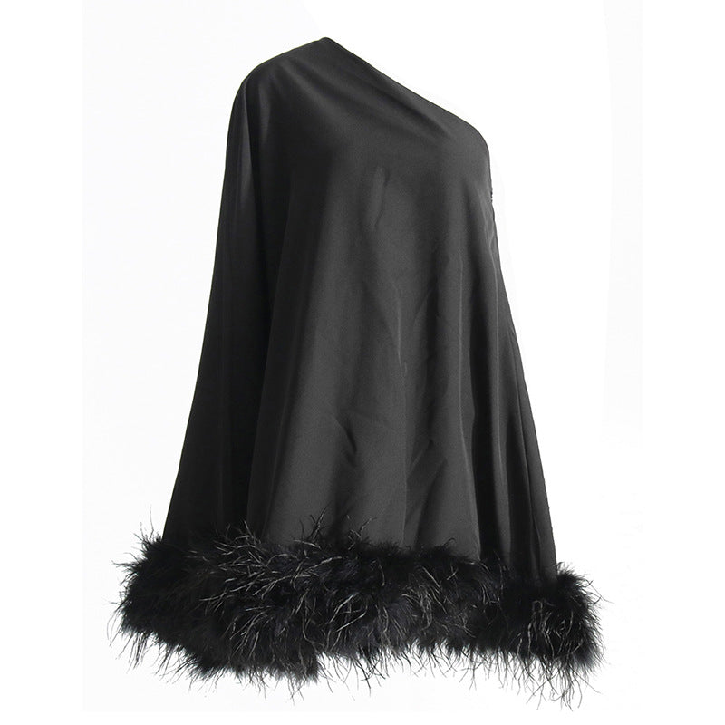 One Shoulder Feather Trim Evening Dress Solid Color Short Dress