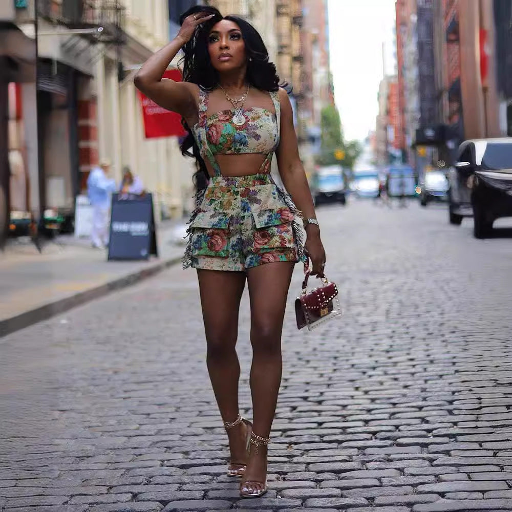 Street Retro Floral Short Pants Outfit