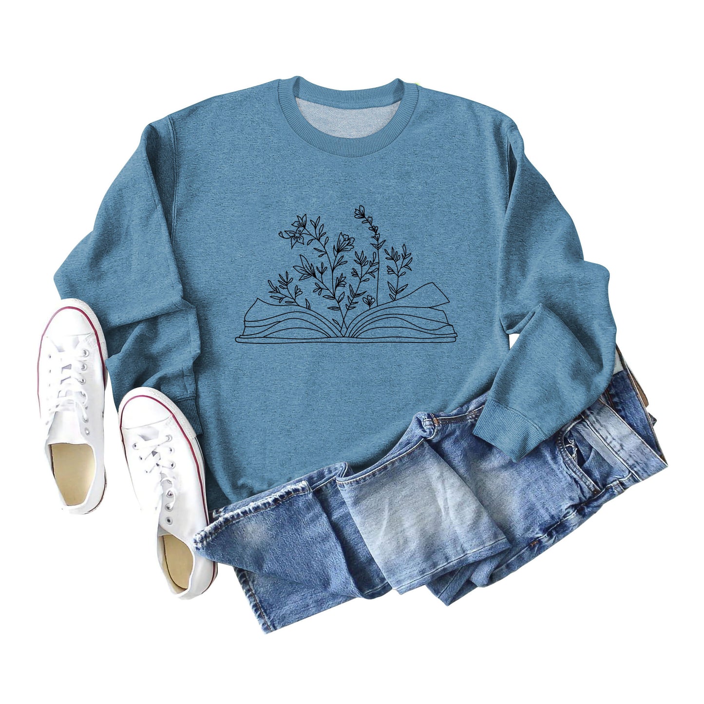 Botanical Pattern Long-Sleeve Crew-Neck Sweatshirt