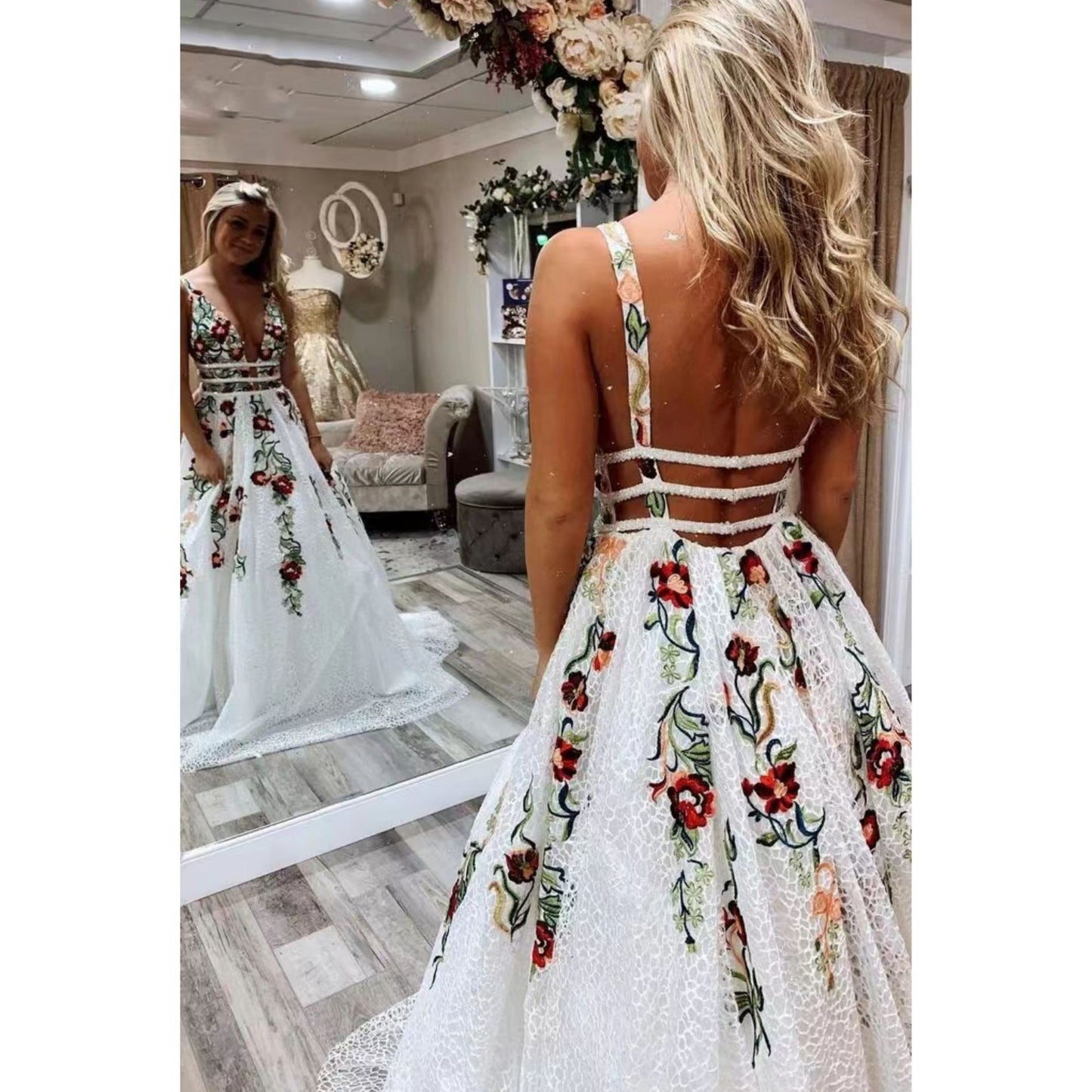Backless Flower Decoration V-Neck Long Dress