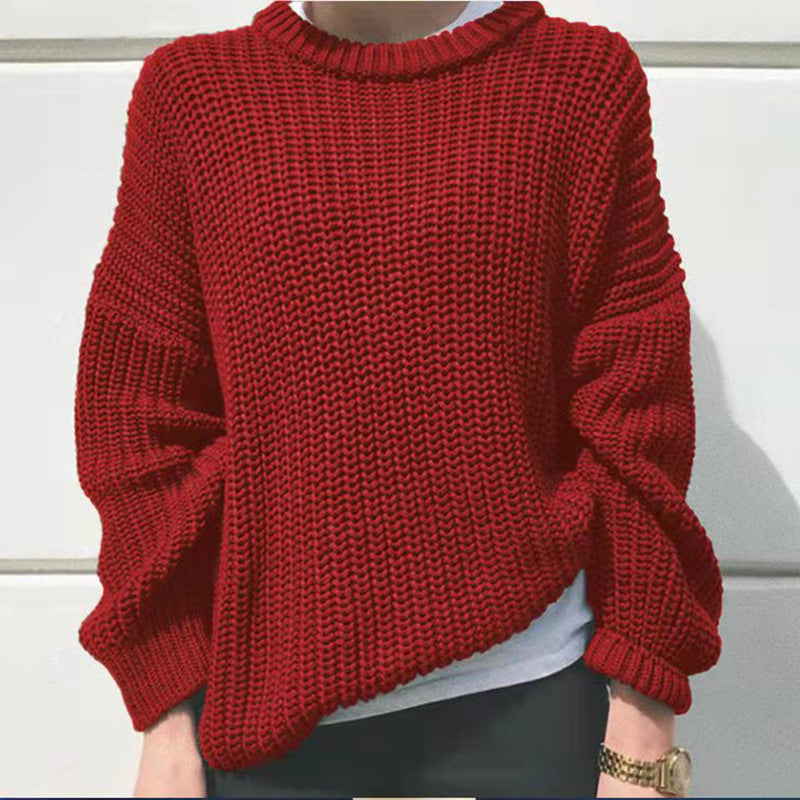 Thick-Needle Long-Sleeve Round-Neck Loose Knitted Pullover Sweater