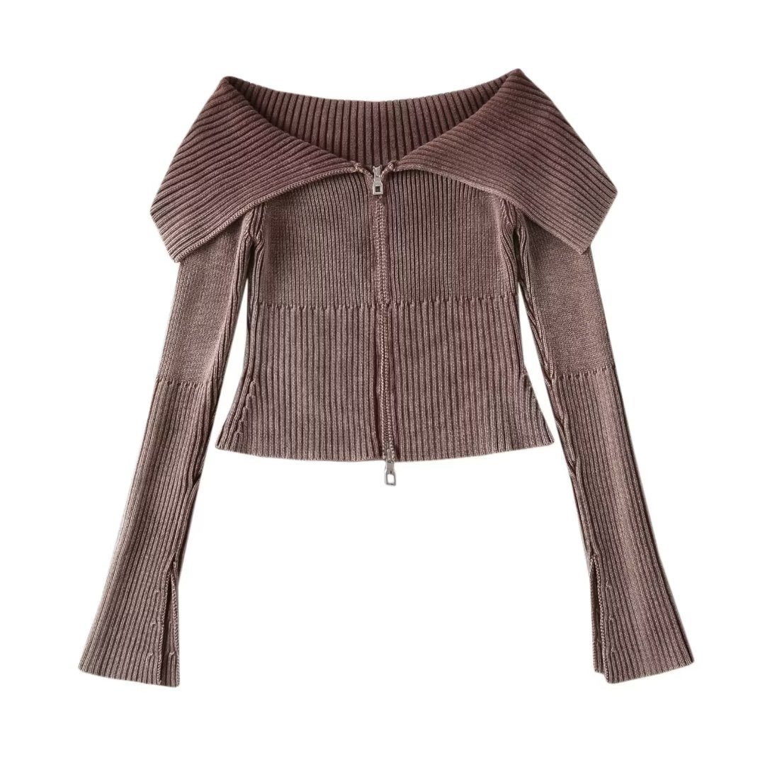 Lapel Zipper Knitted Cardigan