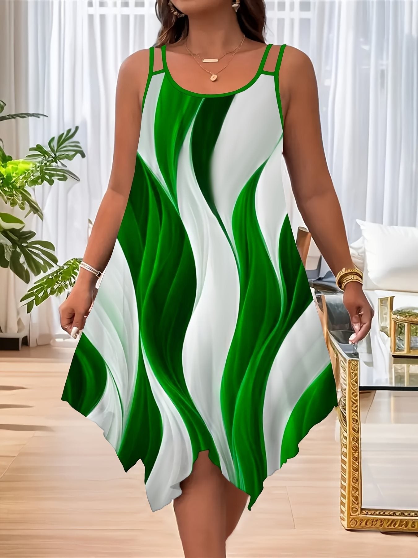 Plus-Size Double Shoulder-Strap Printed Midi Dress