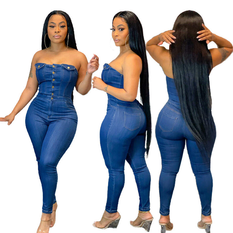Tube-Top Off-Shoulder Slim-Fit Denim Jumpsuit