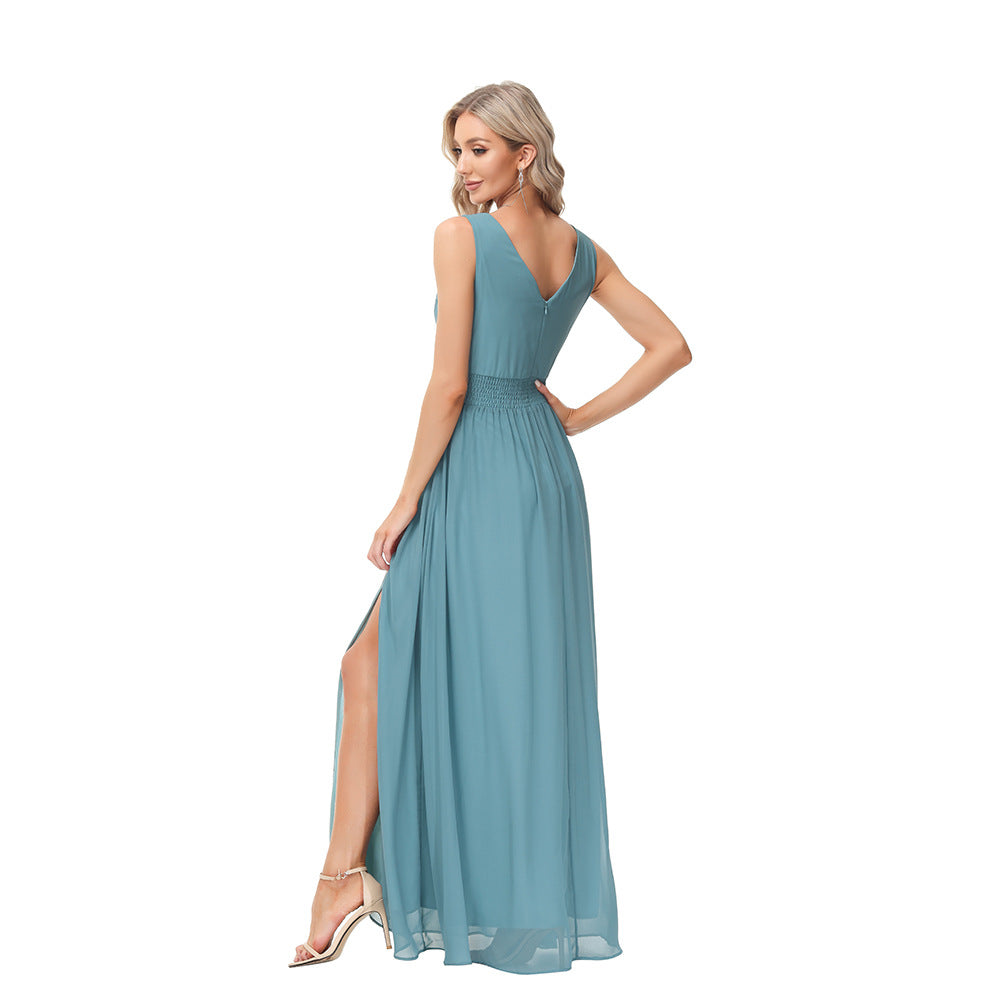 Chiffon Elegant Double V-Neck Sleeveless A- Line Evening Dress For Women