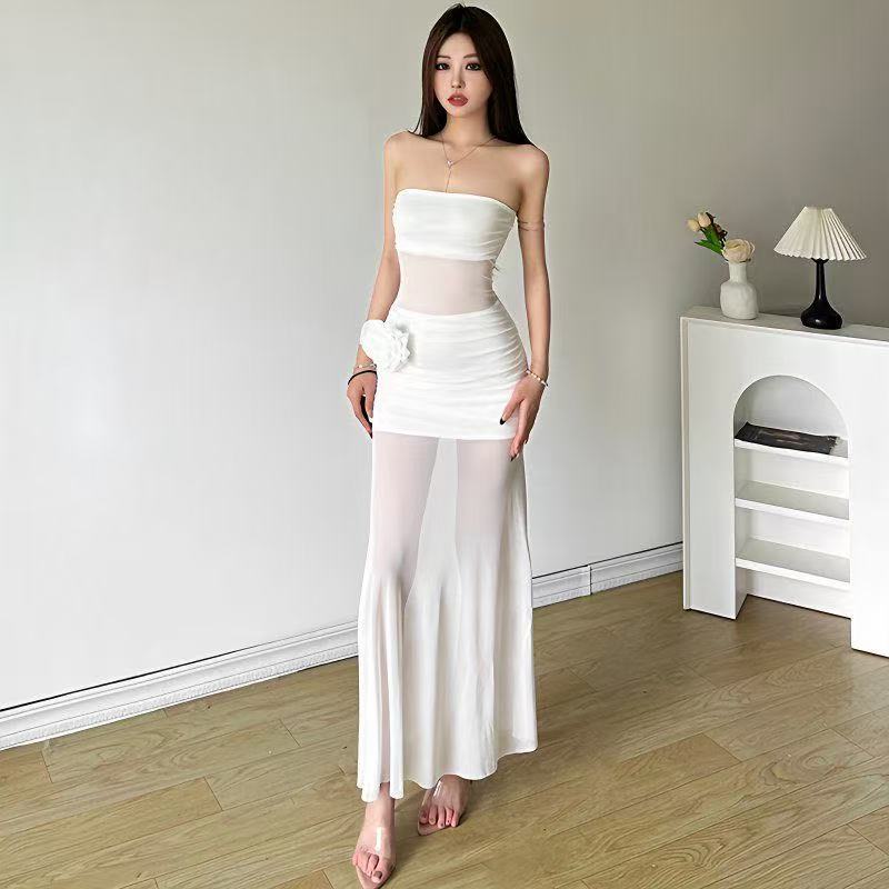 Rose Mesh Stitching Tube-Top Maxi Dress