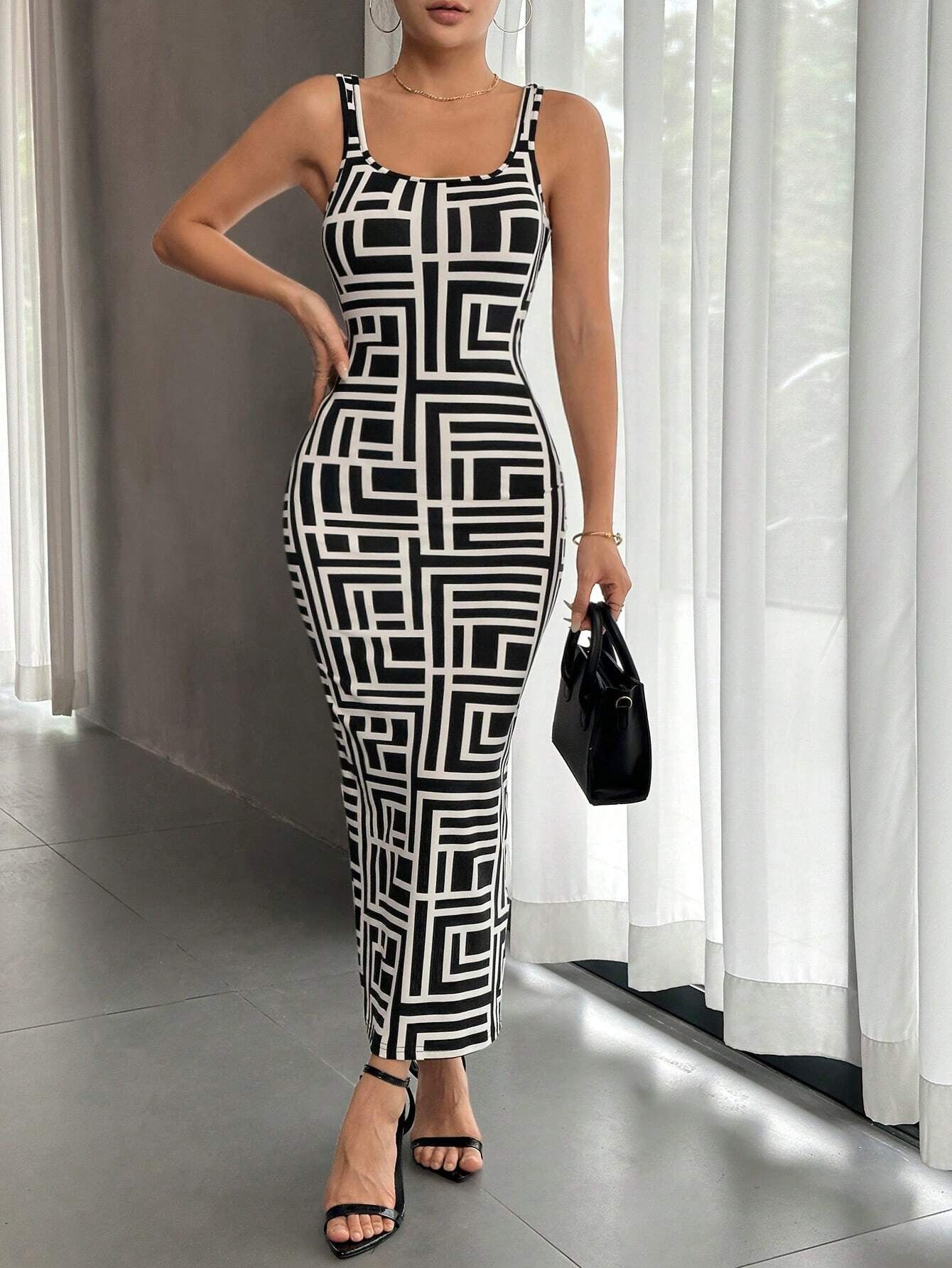 Printed Short-Sleeve Long Dress