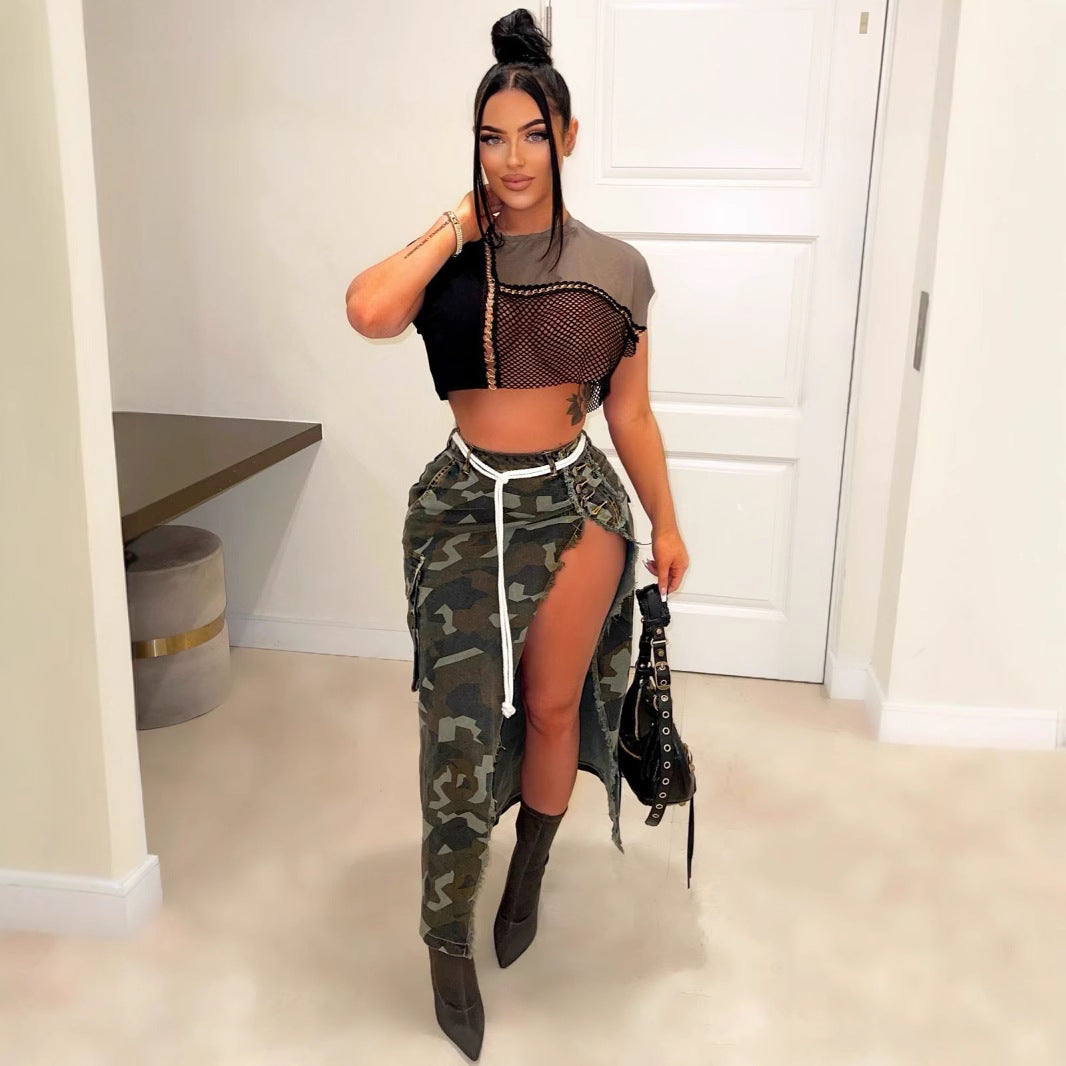 Camouflage Wash Pocket Slit Tassel Skirt