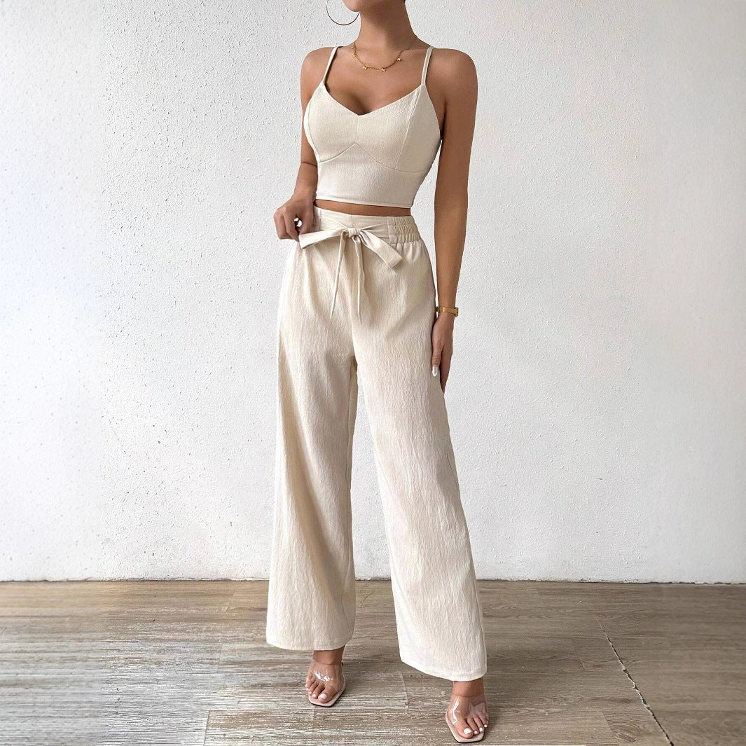 Women's Gathering Bra Cup With Top Stretchy Straight-leg Pants Holiday Casual Suit