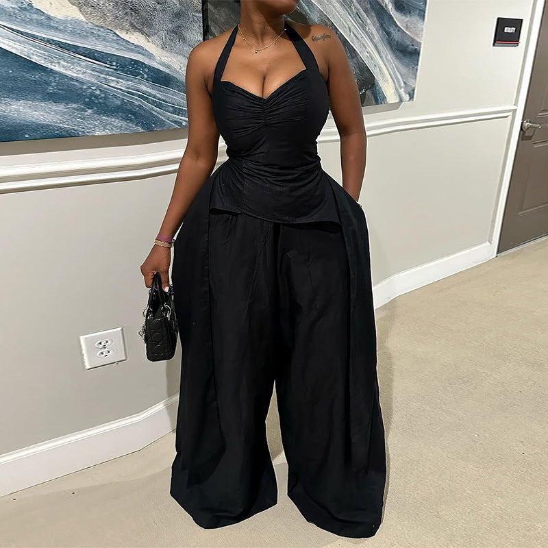 V-Neck Irregular Sleeveless High-Waist Ribbon Jumpsuit