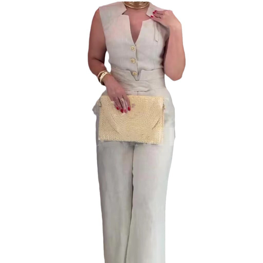 Women's Fashion Casual Short Waistcoat Wide Leg Pants Suit