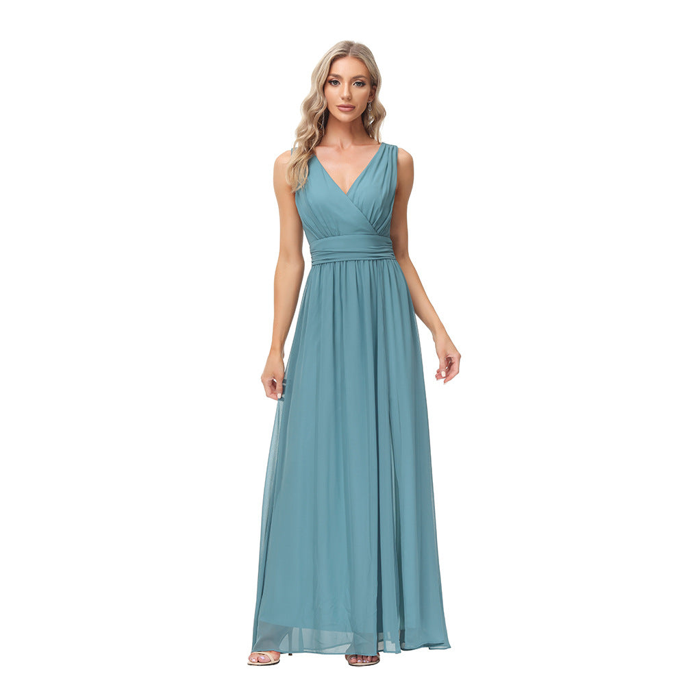 Chiffon Elegant Double V-Neck Sleeveless A- Line Evening Dress For Women