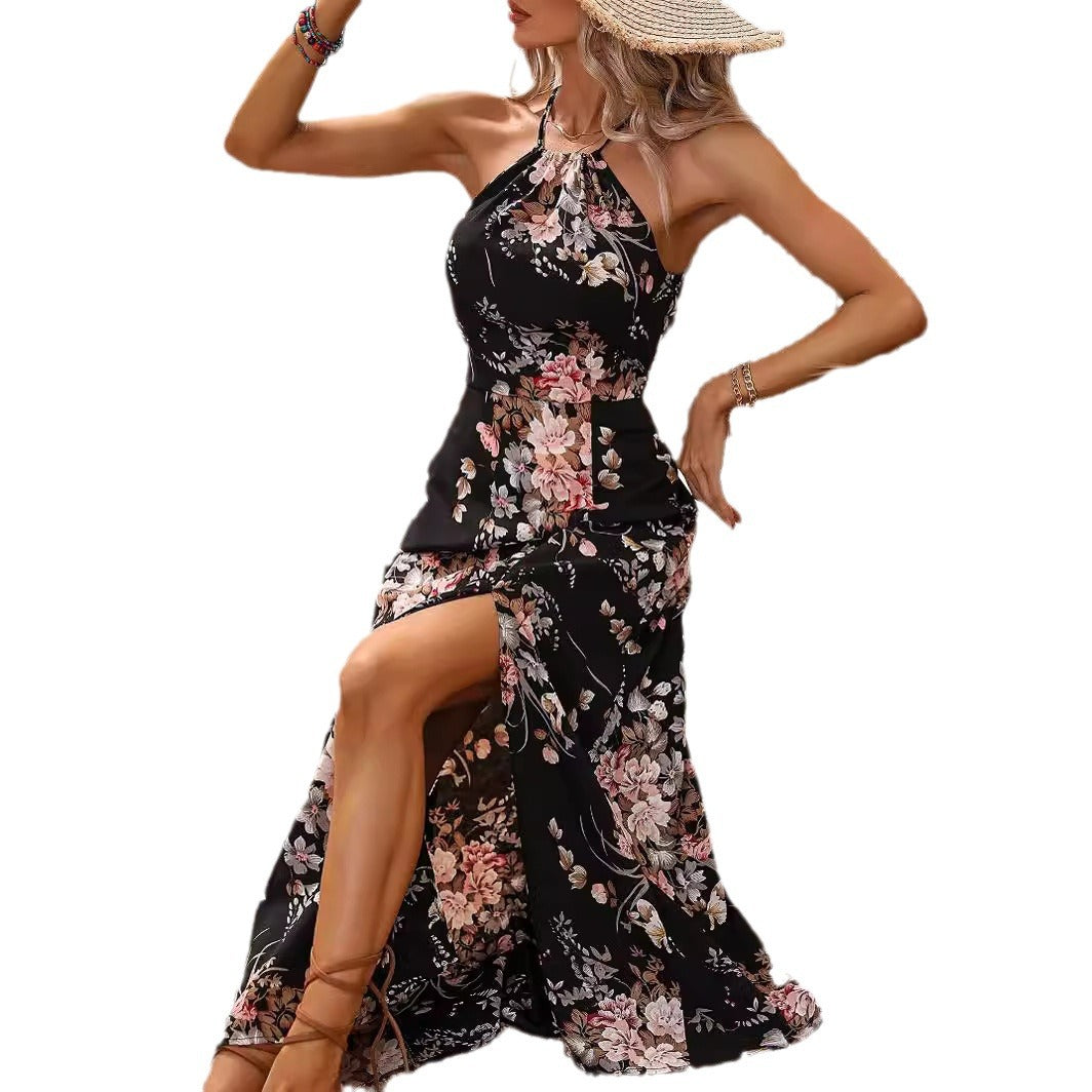 Halter Spaghetti Straps Short-Sleeve Slit Dress