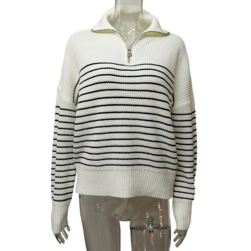 Striped Lapel Half-Open Zipper Knitted Sweater