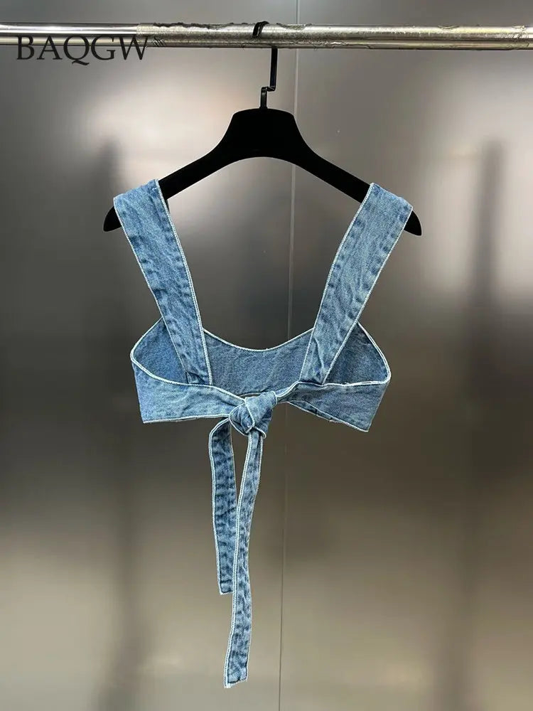 Sleeveless Lace-Up Backless Crop Top and High-Waist Denim Pants Set For Women