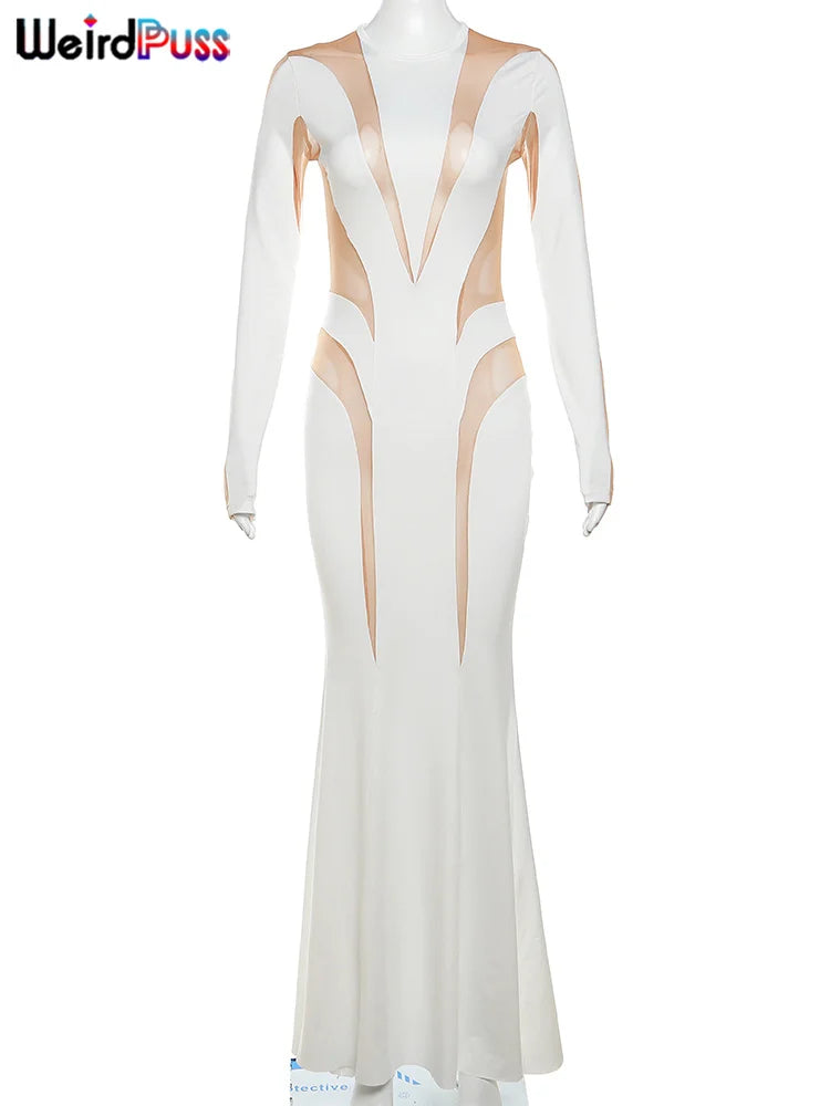 Mesh Patchwork Elegant Long-Sleeve O-Neck Maxi Bodycon