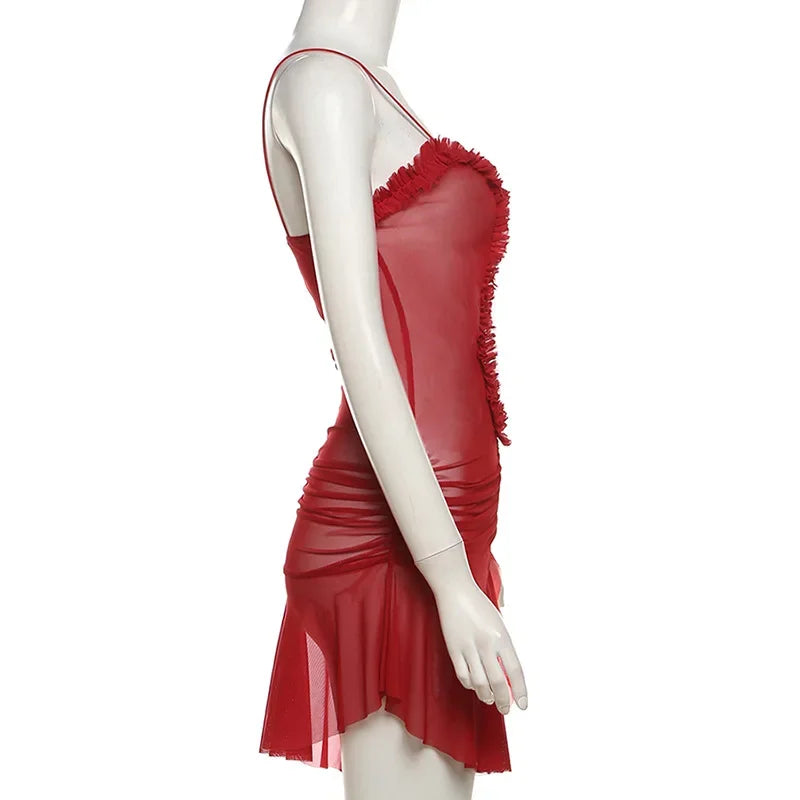 See-Through Hollow-Out Party Bodycon Ruched Ruffles Mini Dress