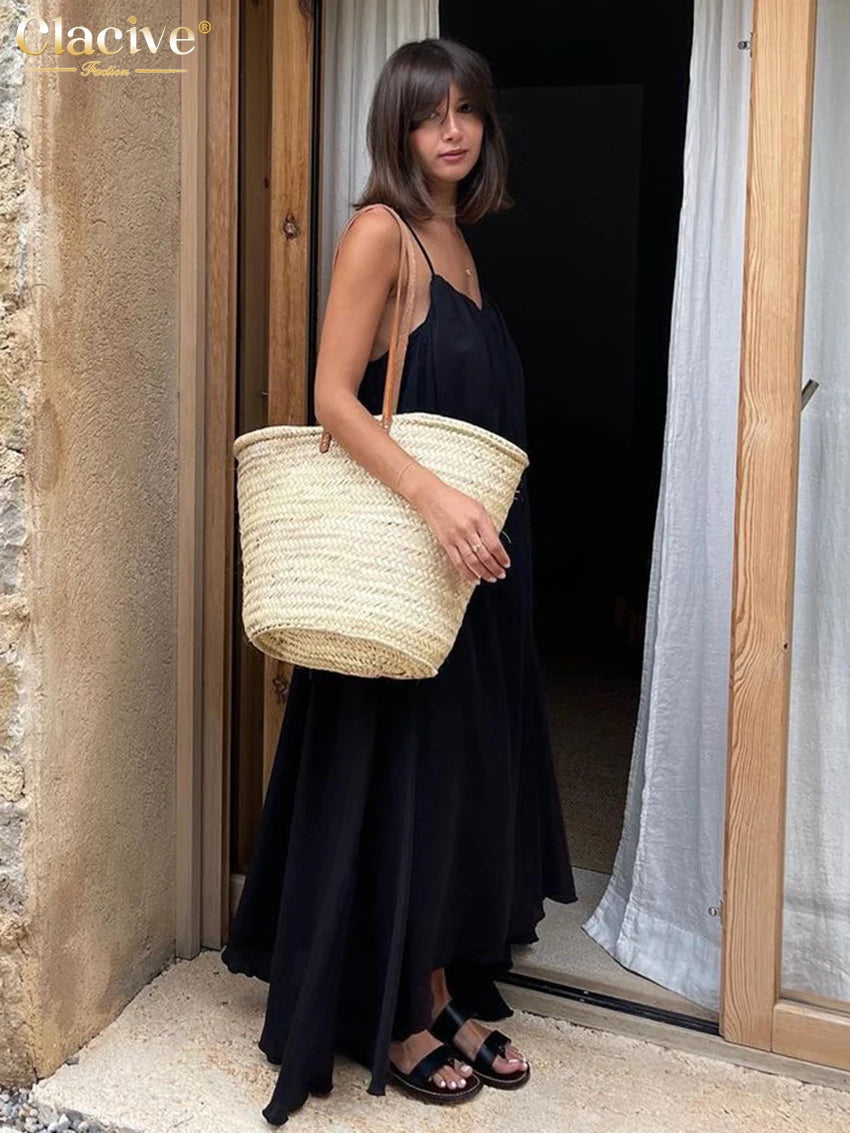 Clacive Loose Black Fashion Strap Sleeveless Ankle-Length Dress