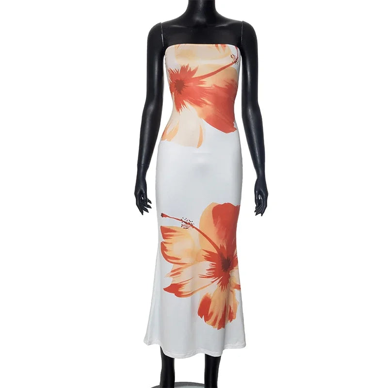 Cutenova Flower Printed Tubeless Long Dress