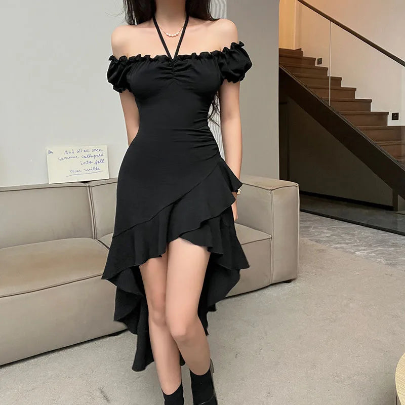 New Off-Shoulder Ruffle Irregular-Hem Dress