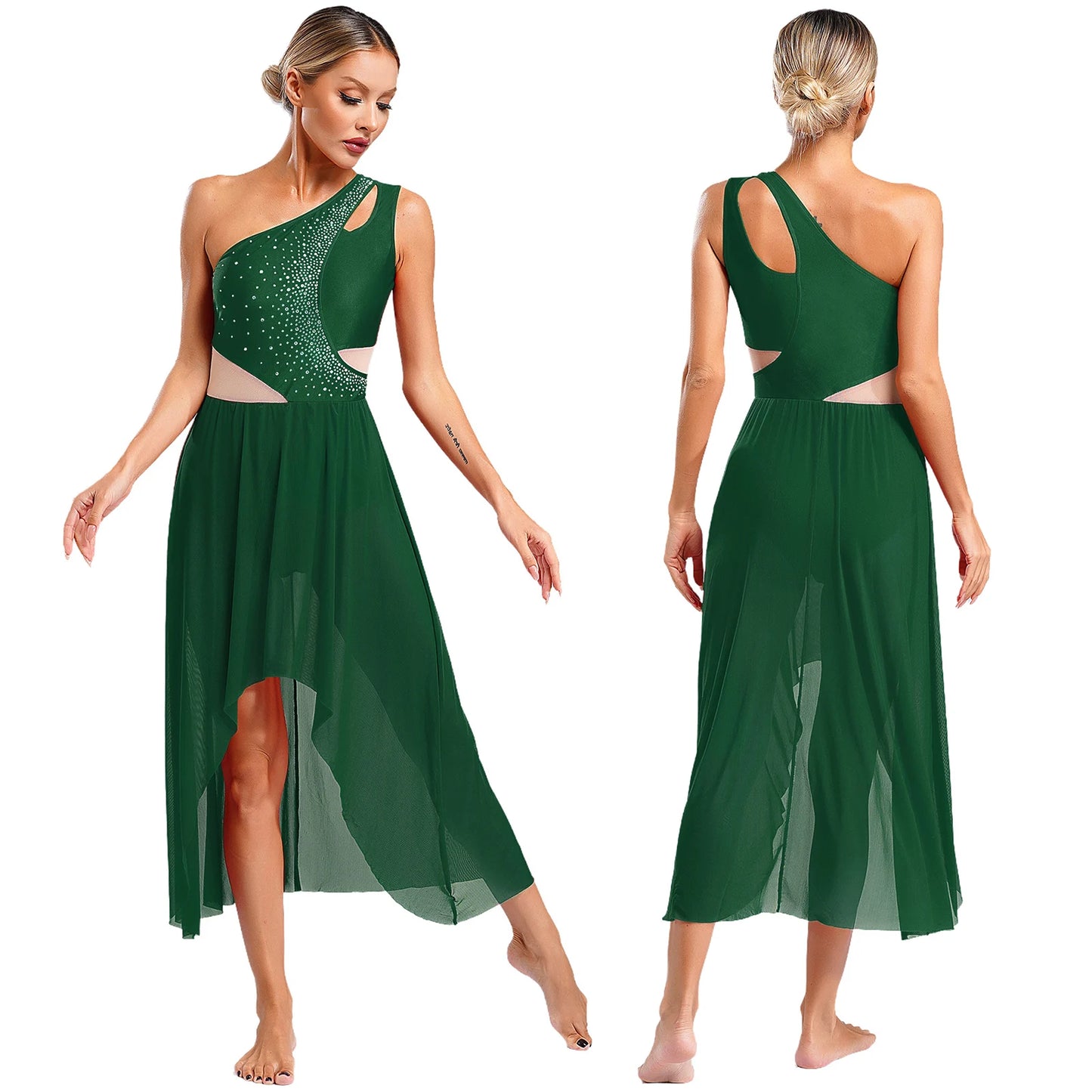 Women Lyrical Dance Costume Sleeveless Rhinestone Ballet Gymnastic Leotard Skirt with Crop Top Set Contemporary Dance Dress