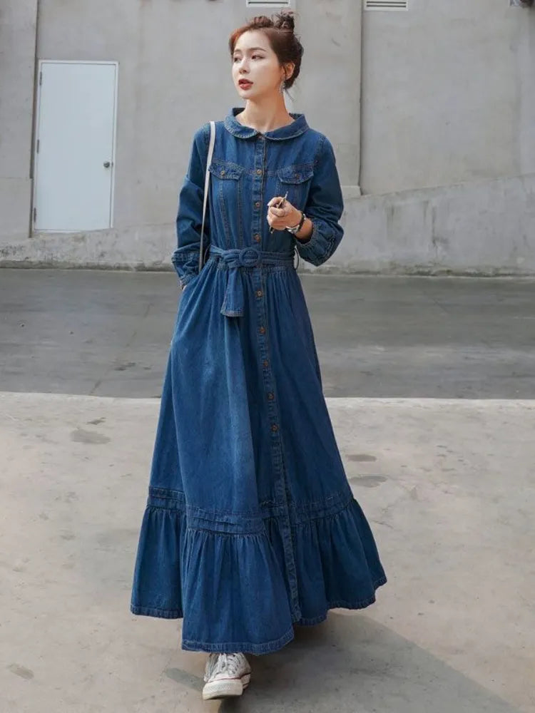 French Retro Denim Robe - Solid Large-Skirt Hem Long Dress