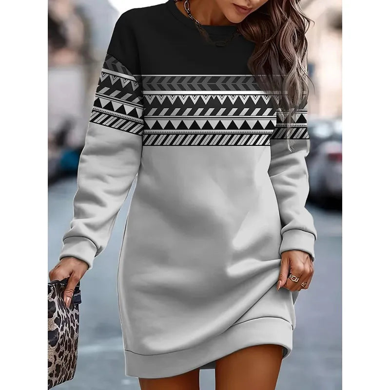 Fashion Print Contrast Round-Neck Sweater Dress