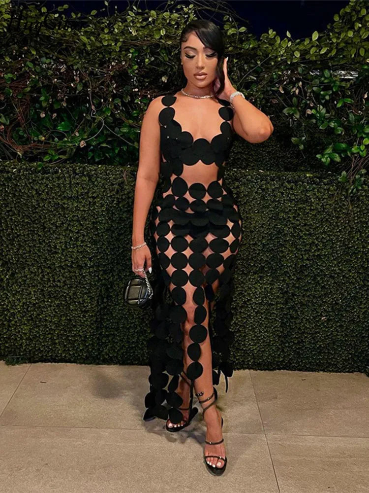Black Backless Hollow-Out Hole Tassel Sexy Maxi See-Through Dress