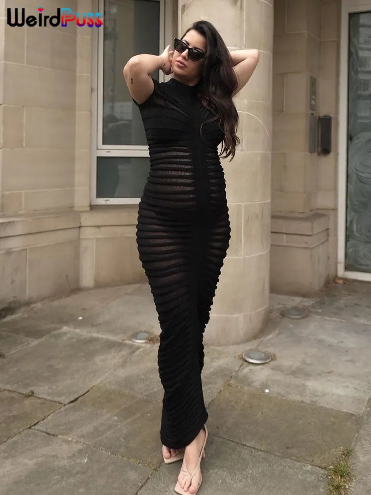 Knit Short-Sleeve Elegant Striped See-Through Solid Skinny Elastic O-Neck Bodycon Dress