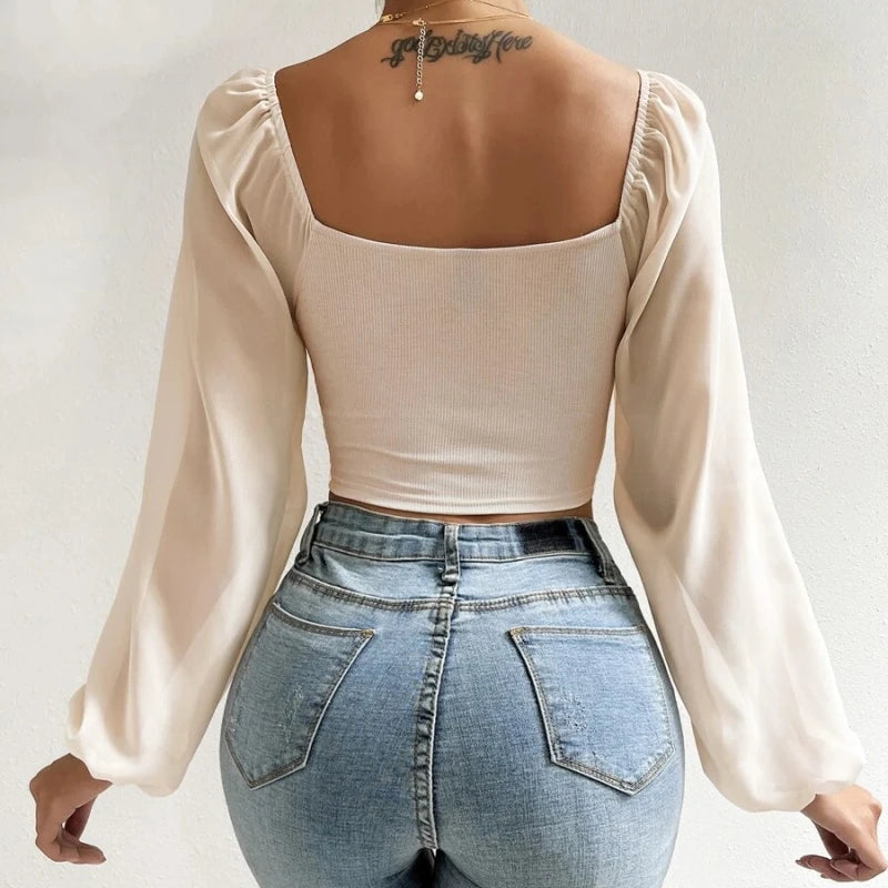 Puff-Sleeve Close-Fitting Lace-Up Top
