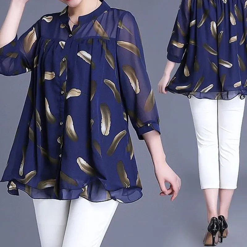 Women's 3/4 Sleeve Casual Printed Chiffon Blouse