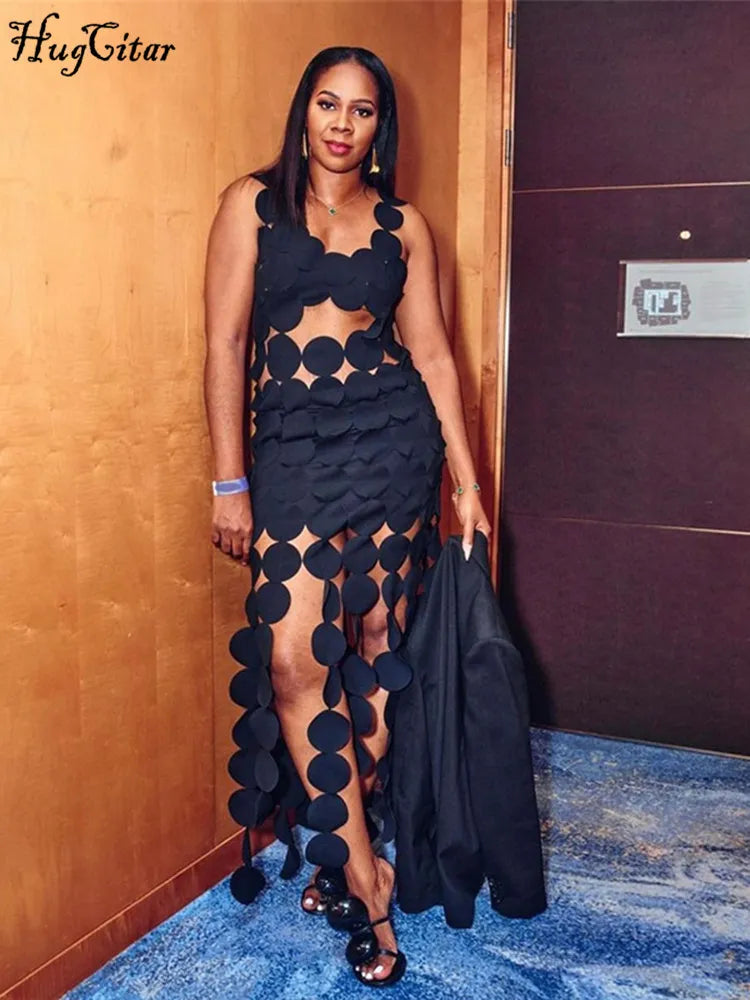 Black Backless Hollow-Out Hole Tassel Sexy Maxi See-Through Dress