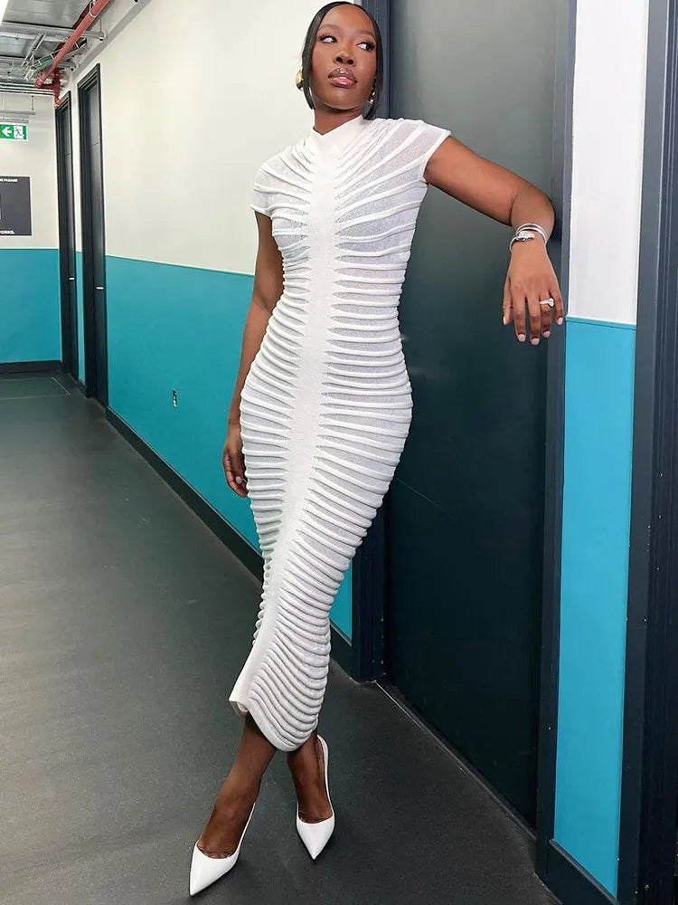 Knit Short-Sleeve Elegant Striped See-Through Solid Skinny Elastic O-Neck Bodycon Dress