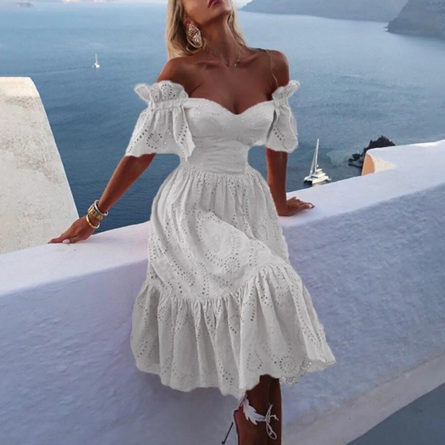 Off-Shoulder Ruffled Solid-Colour Hollow-Out Dress